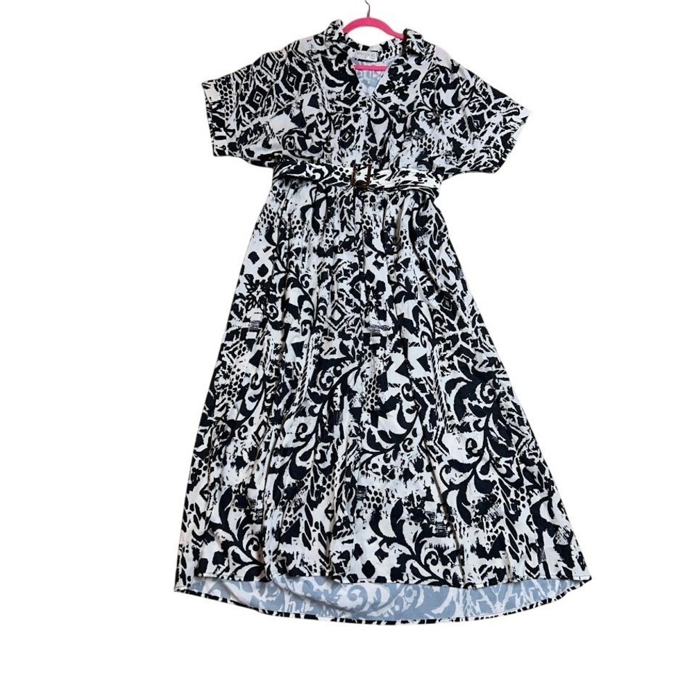 Impressions Womens 1XL Black White Abstract Print Belted Long Midi  Dress